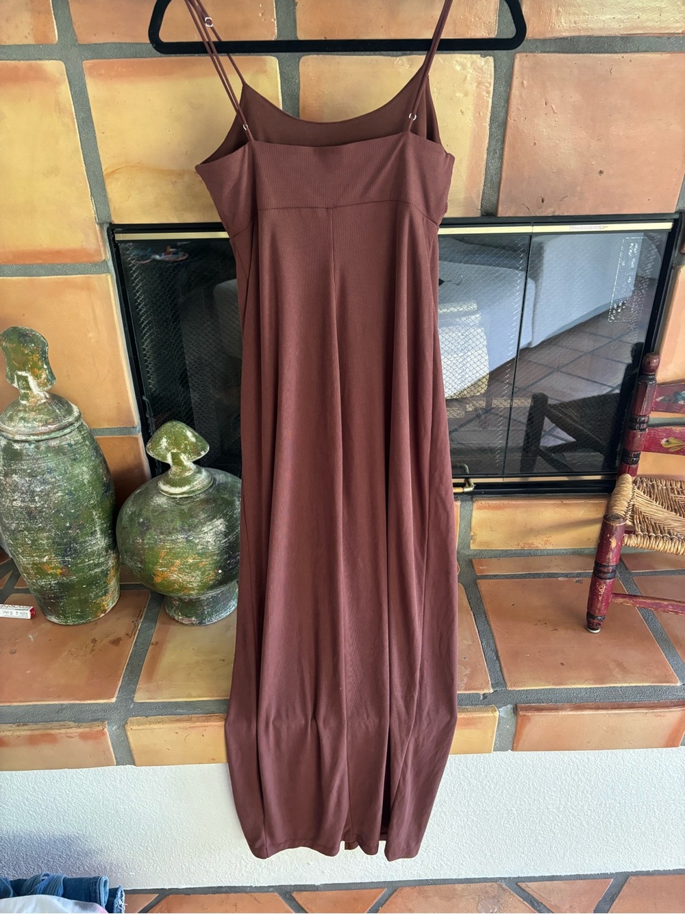 Women’s chocolate Brown ribbed Slip Maxi Dress - Sleek Spaghetti Strap Dress - Picture 2 of 3